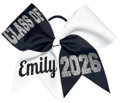Black and white bow with 'Class of 2026'  and personalized on the left tail text on a white background