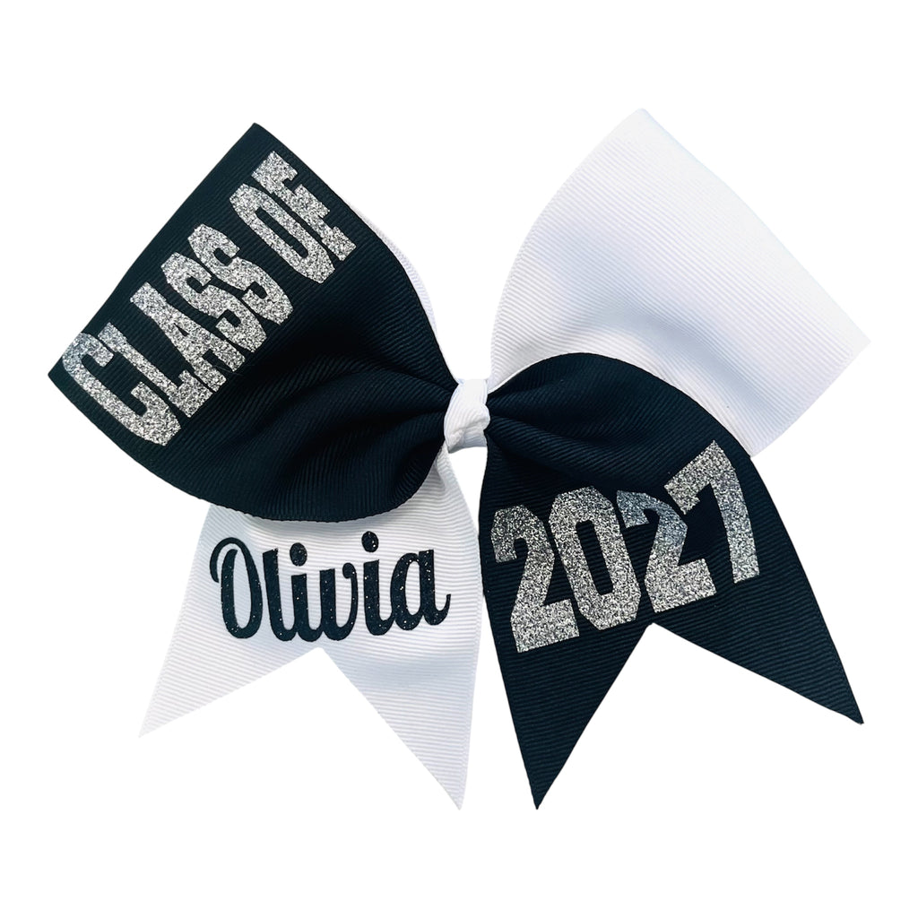 Black and white bow with 'Class of 2027'  and personalized on the left tail text on a white background
