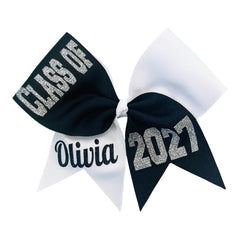 Black and white bow with 'Class of 2027'  and personalized on the left tail text on a white background