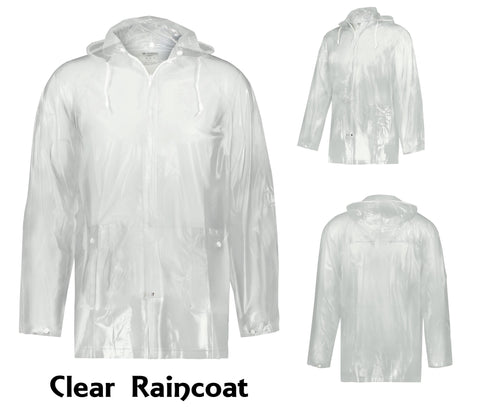 Clear raincoat shown from different angles on a white background