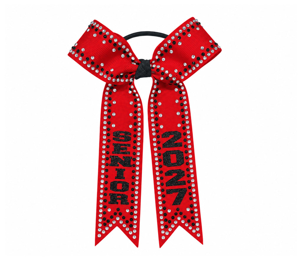 Red Senior 2027 collegiate cheer bow with black glitter lettering, black and clear rhinestones, and a black center knot.