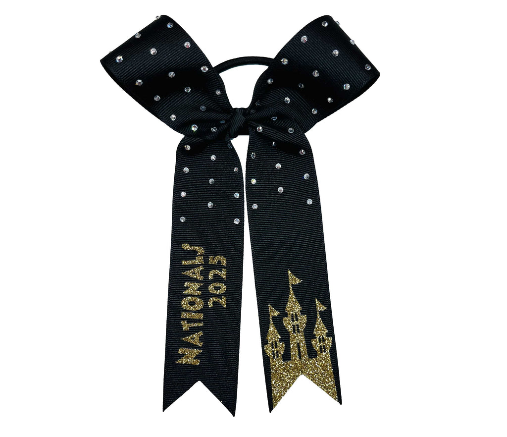 Black collegate style bow with gold Nationals 2025 text and castle design with rhinestones on a white background 