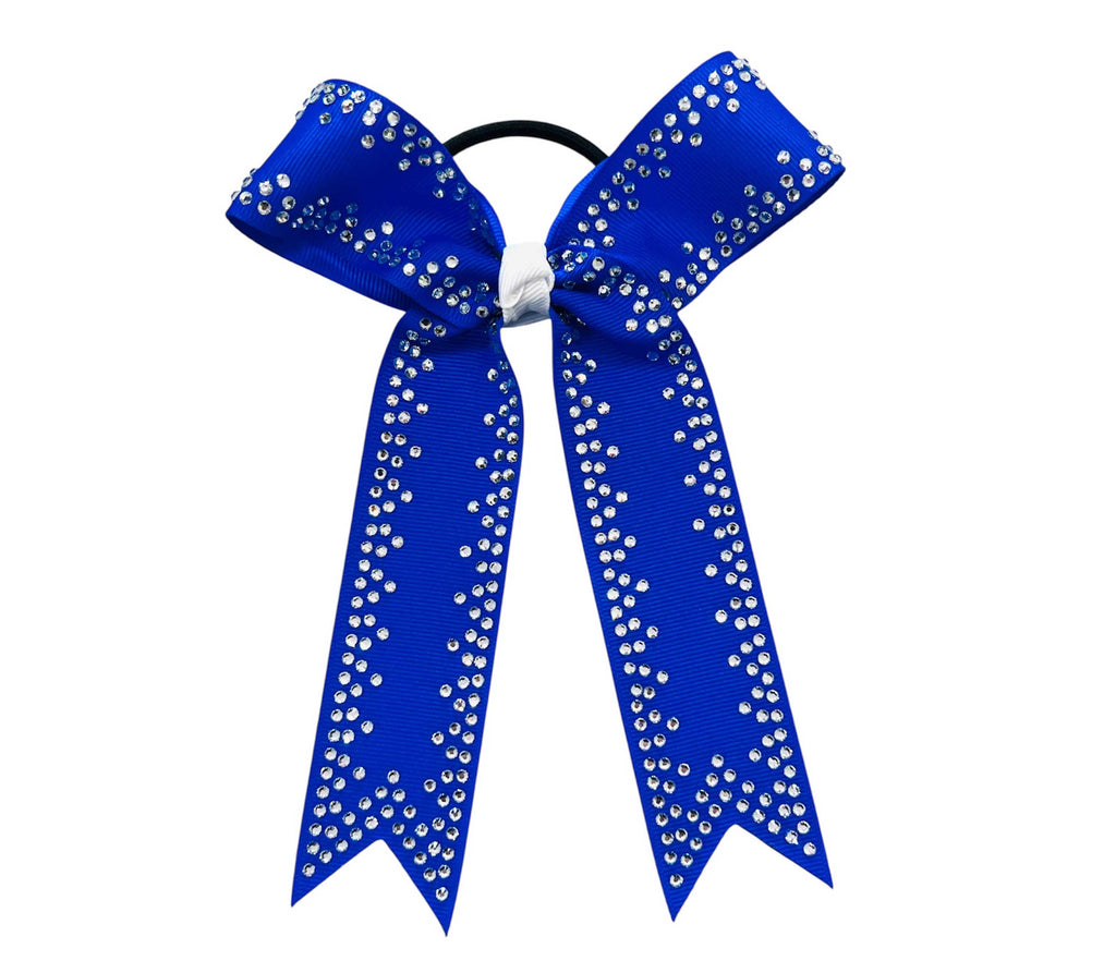 Collegiate style electric Blue rhinestone hair cheer bow on a white background