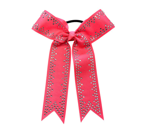 Collegiate style neon pink rhinestone hair cheer bow on a white background