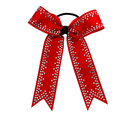 Collegiate style red rhinestone hair cheer bow on a white background