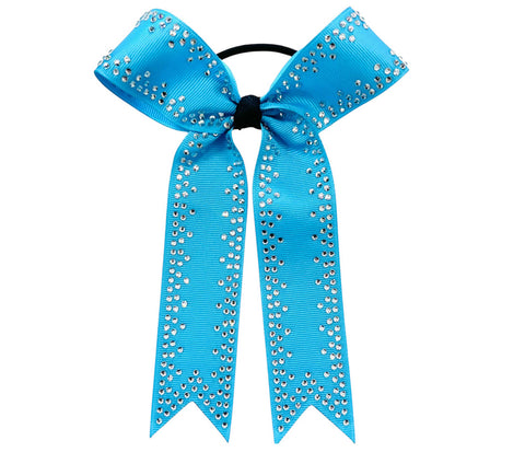 Collegiate style turquoise rhinestone hair cheer bow on a white background