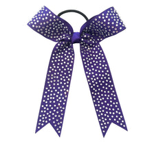 A purple collegiate cheerleader-style hair bow with silver rhinestones, attached to a black elastic band, shown on a plain white background.