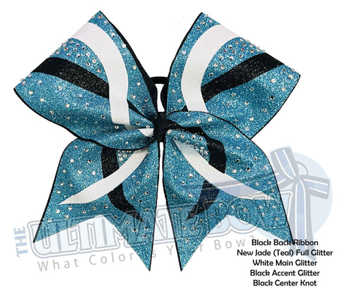 Criss Cross Cheer Bow | New Jade (Teal) Black White Glitter and Rhinestone Cheer Bow | Competition Cheer Bow | Rhinestones and Glitter Cheer Bow 