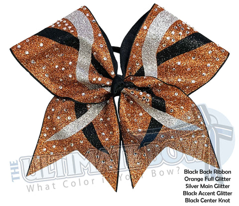 Criss Cross Cheer Bow | Black Orange Silver Glitter and Rhinestone Cheer Bow | Competition Cheer Bow | Rhinestones and Glitter Cheer Bow 