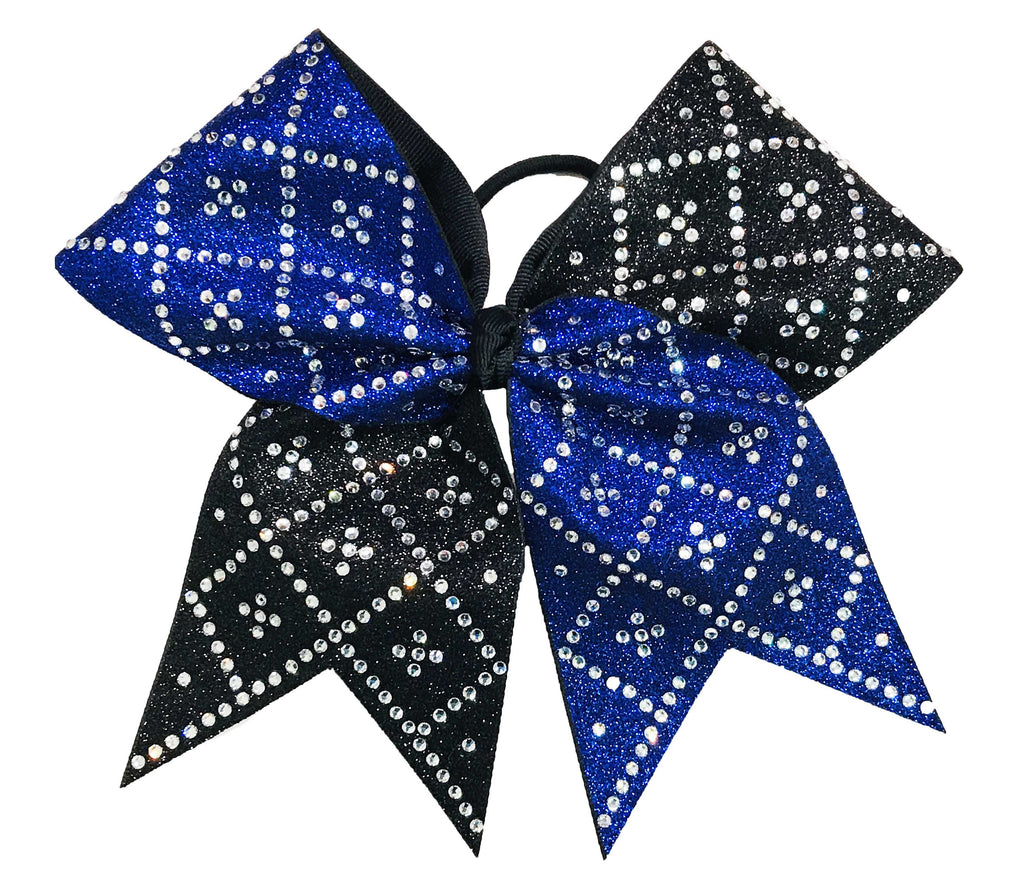 Royal Blue and black glittery bow with Diamond pattern rhinestones on a white background