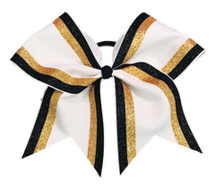Large white cheer bow with black, gold, and white colors on a white background