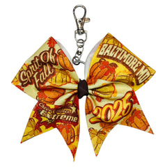 Cheer and Dance Extreme Spirit of Fall Bow keychain with autumn-themed design and text on a white background