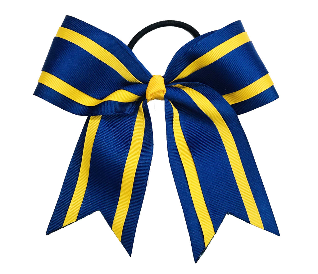Royal Blue and yellow striped cheer hair bow on a white background