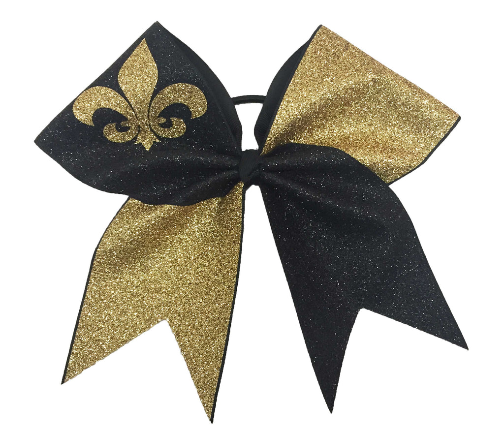 Black and gold glittery bow with a fleur-de-lis design on a white background