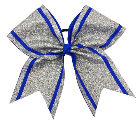 Silver glittery bow with electric blue accents on a white background