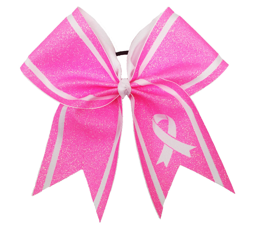 Pink glittery bow with a white breast cancer ribbon symbol on a white background
