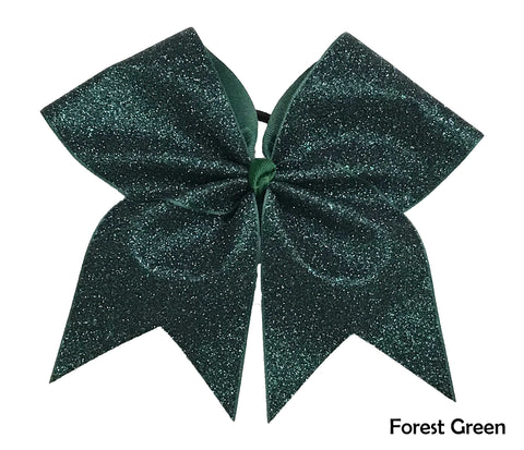 Forest green glittery cheer bow on a white background