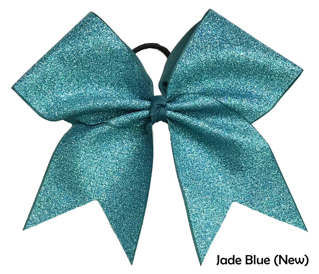 Teal Jade Blue glittery cheer hair bow on a white background