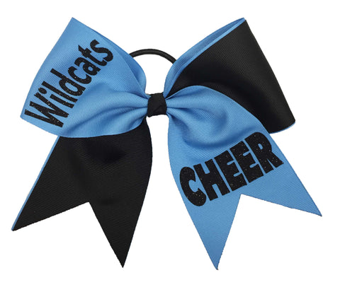Copen Blue and black cheer bow with 'Wildcats' and 'CHEER' text on a white background