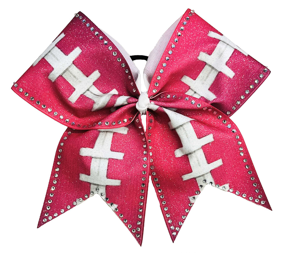 Girl Power Pink Football Glitter and Rhinestone Cheer Bow | Breast Cancer Awareness Cheer Bow