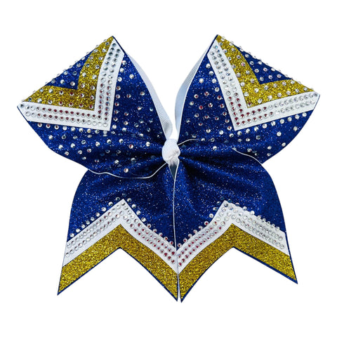 A cheerleader-style hair bow with in Royal Blue glitter, decorated with white and gold chevron patterns outlined with rhinestones, on a plain white background.