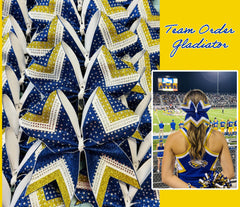 A collage showing multiple blue, gold, and white glitter cheerleader bows, with a small inset photo of a cheerleader at a football game wearing a matching blue star bow and pom-poms. Text on the right reads 'Team Order Gladiator' on a yellow background.