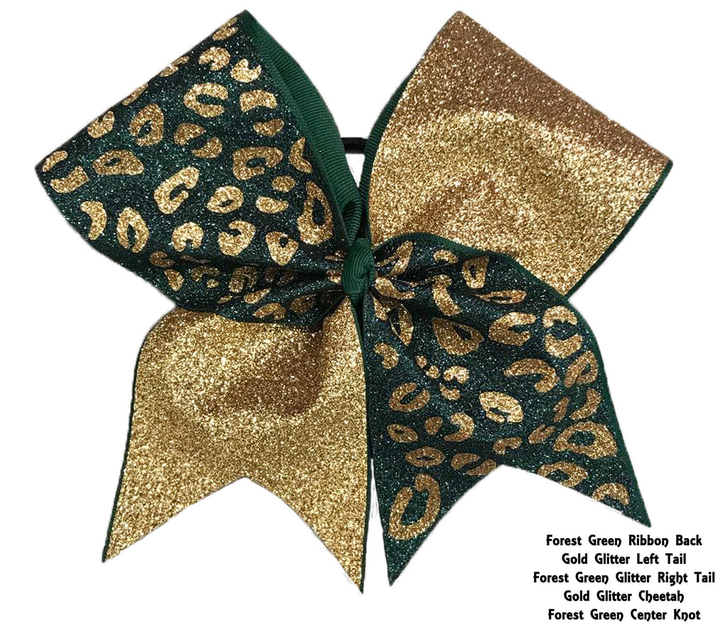 Glittery bow with gold and green cheetah pattern on a white background