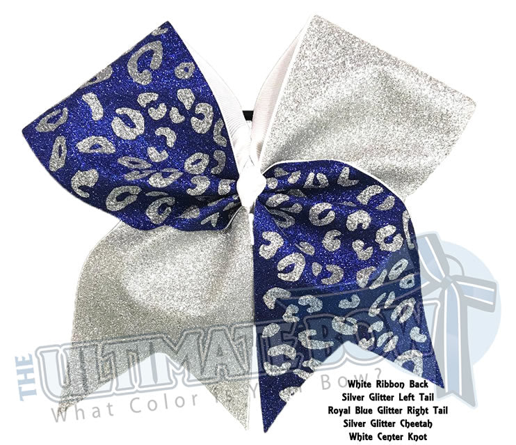 Full Glitter Cheetah Cheer Bow | Royal Blue and Silver Cheer Bow | Competition Cheer Bow | Animal Print Cheer Bow