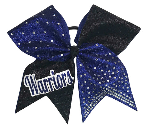 Royal blue and black glittery bow with 'Warriors' text and silver rhinestones on a white background