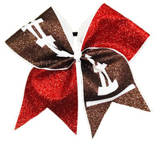Red and brown football glittery cheer bow on a white background