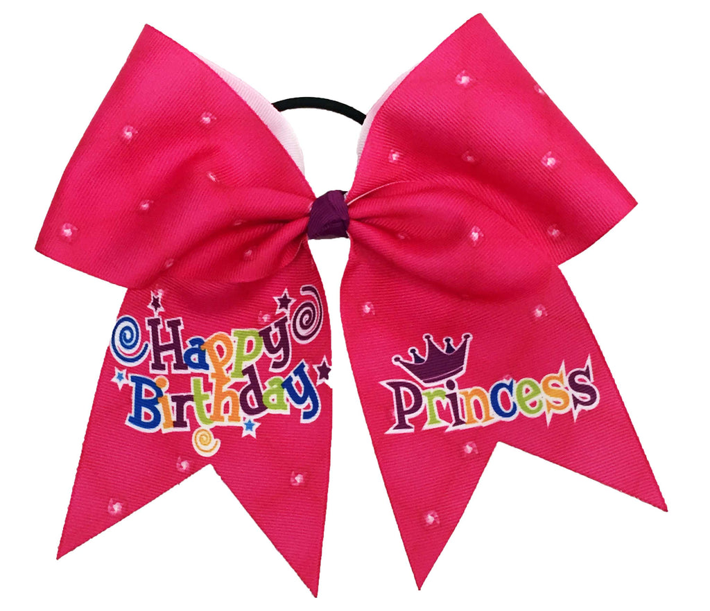 Pink hair bow with 'Happy Birthday' and 'Princess' text on a white background
