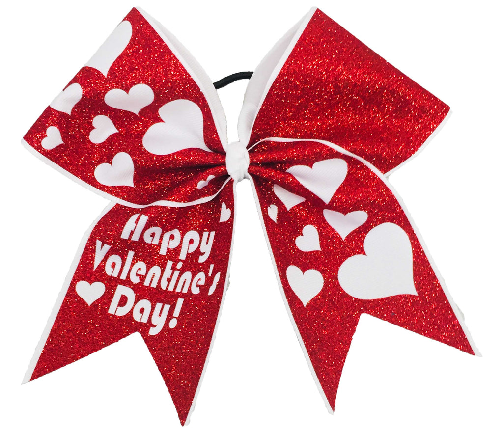 Red glittery bow with white hearts and 'Happy Valentine's Day!' text on a white background