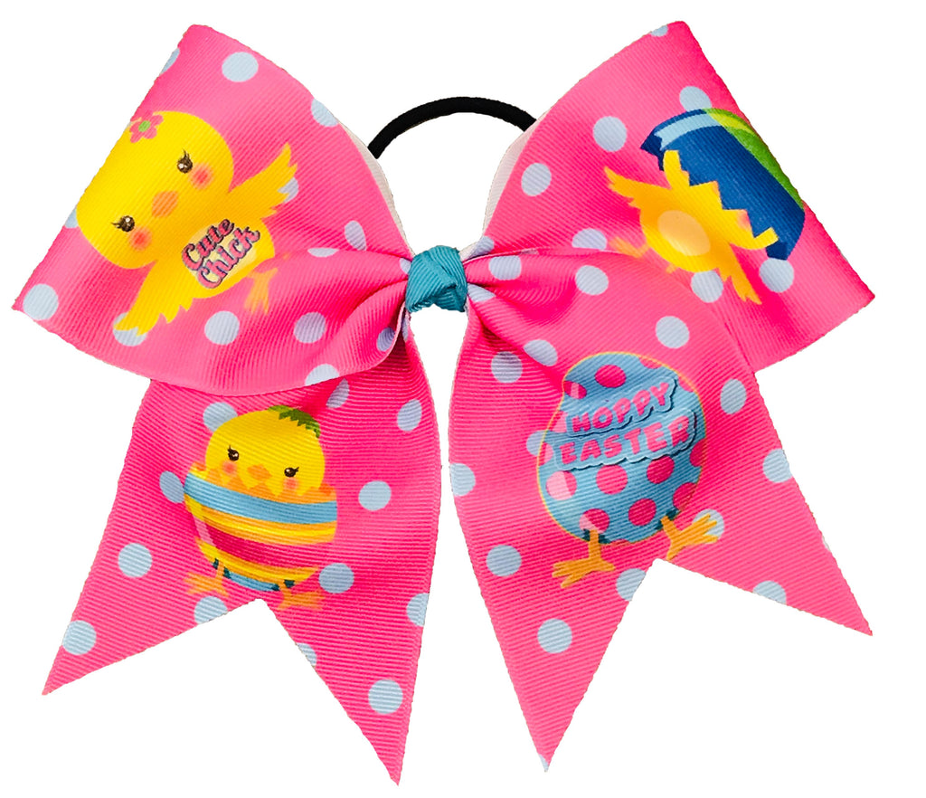 Pink and Blue polka dot cheer bow with easter chicks and "Hoppy Easter" on a white background
