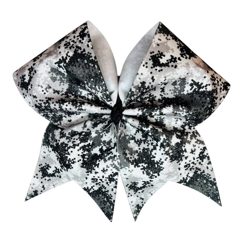 Black and white arctic camo glittery bow on a white background