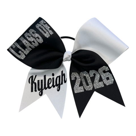 Black and white hair bow with class of 2026 and personalized text on a white background