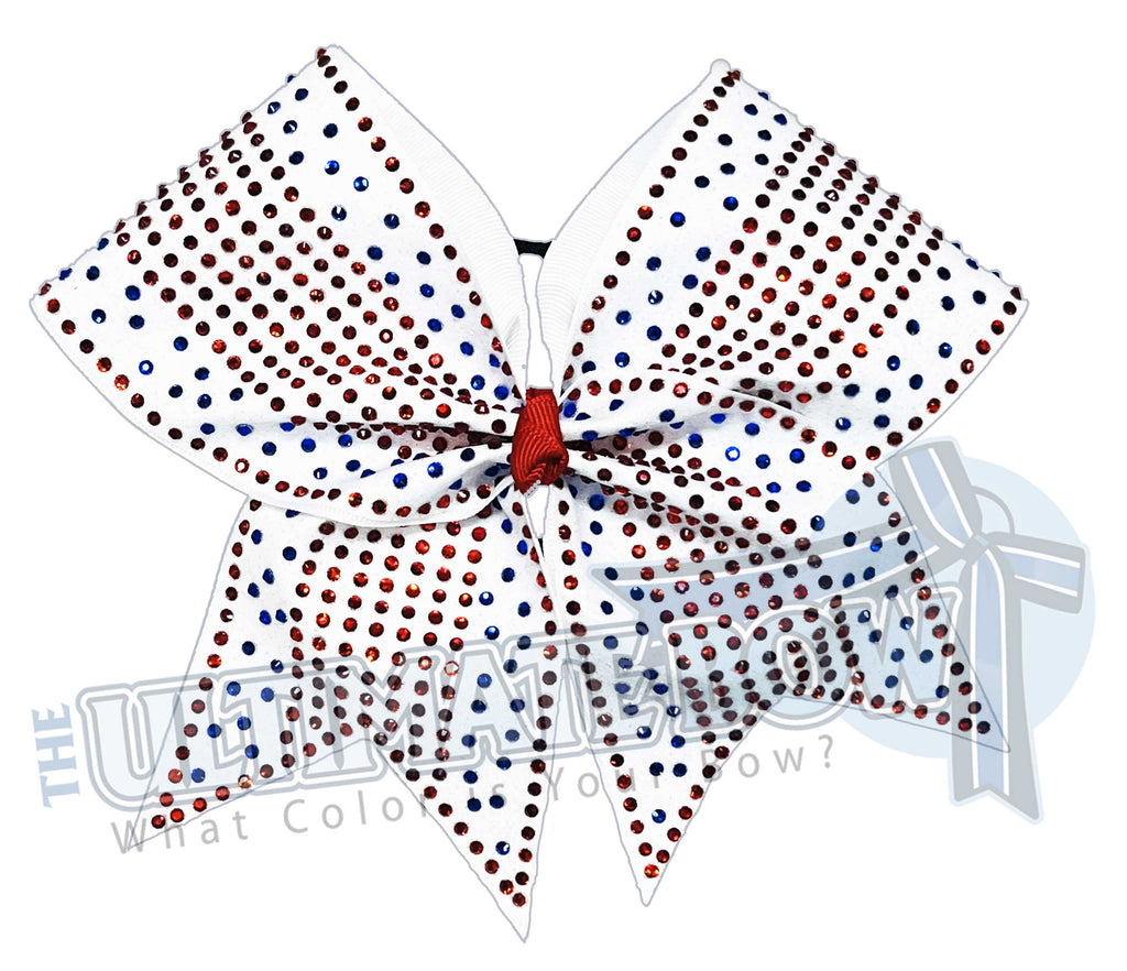 Glitter Rhinestone Illumination Cheer Bow | White Cheer Bow | Red White and Blue Glitter and Rhinestone Competition Cheer Bow