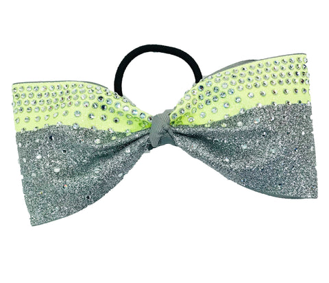 neon yellow and grey glitter just loops tailless cheer bow with rhinestones on a white background