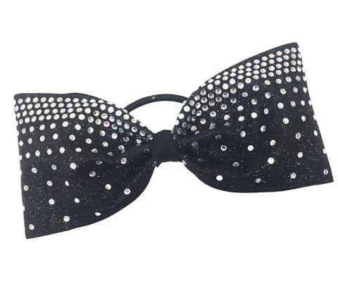 Black tailless cheer bow with rhinestone embellishments on a white background