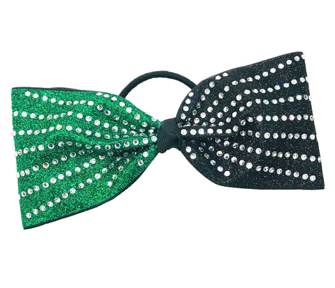Emerald Green and black glittery tailless cheer bow with rhinestones on a white background
