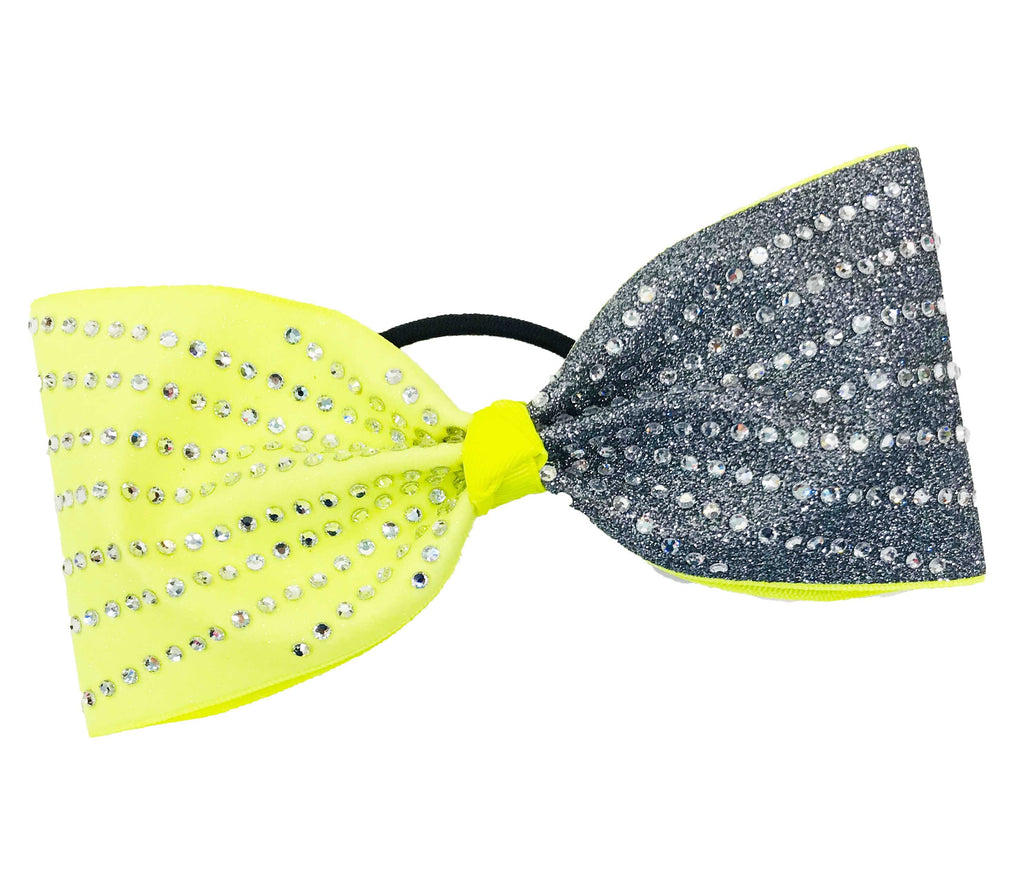 Neon yellow and grey glittery tailless cheer hair bow with rhinestine stripes on a white background