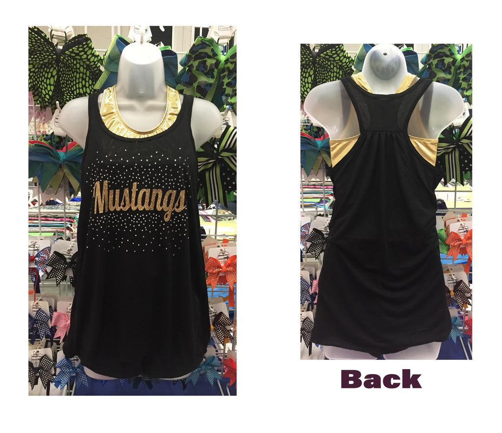 Black sleeveless tank top shown from front and back on a mannequin. The front has gold 'Mustangs' lettering with rhinestone embellishments, and the back has gold shoulder cutout panels.