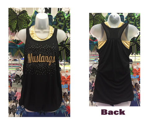 Black sleeveless tank top shown from front and back on a mannequin. The front has gold 'Mustangs' lettering with rhinestone embellishments, and the back has gold shoulder cutout panels.
