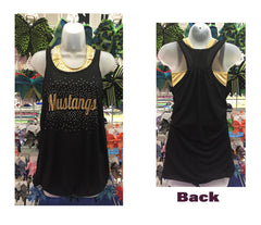 Black sleeveless tank top shown from front and back on a mannequin. The front has gold 'Mustangs' lettering with rhinestone embellishments, and the back has gold shoulder cutout panels.