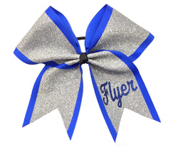 Silver glittery bow with blue accents and 'Flyer' text on a white background