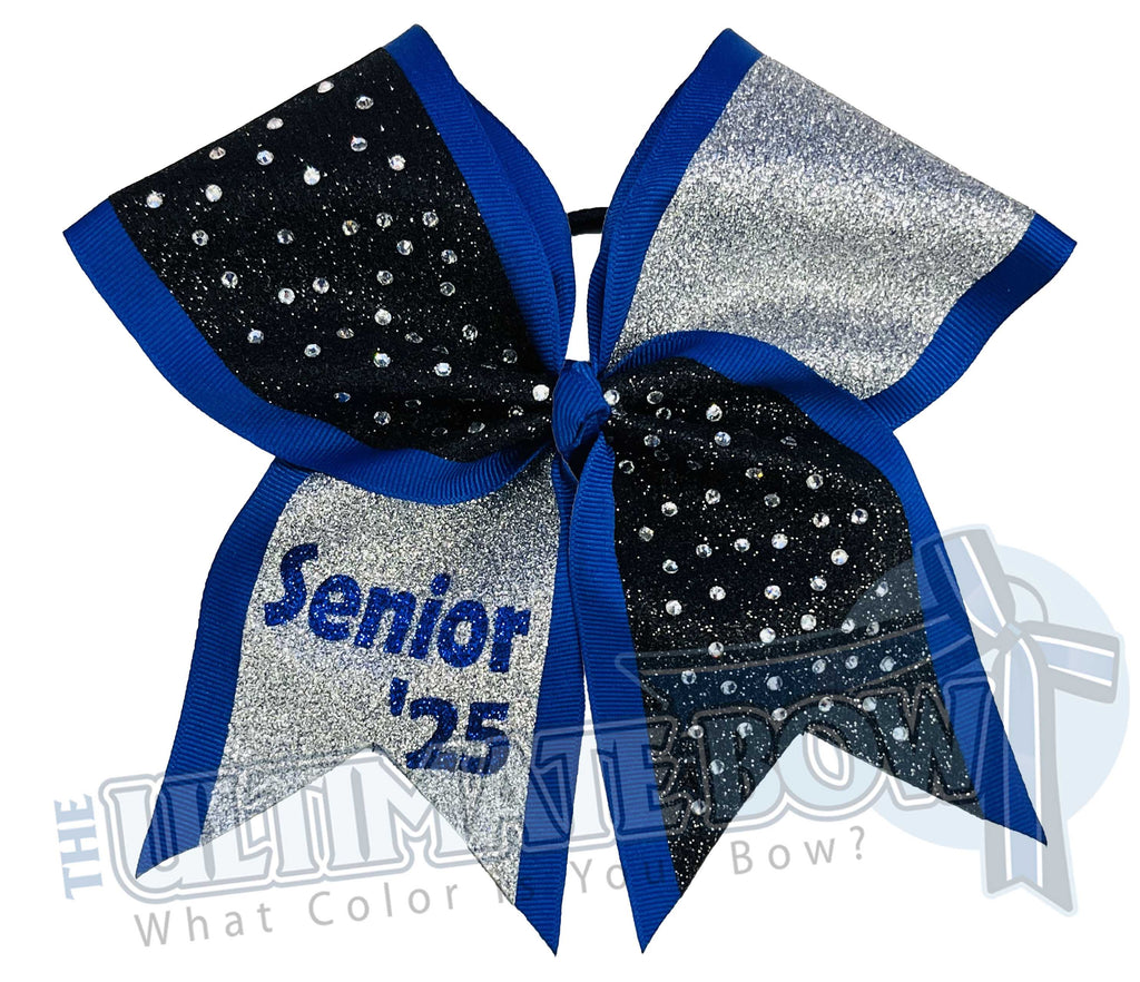 My Ultimate Senior Glitter Cheer Bow | Class of 2025 | Royal blue, black and silver cheer bows 