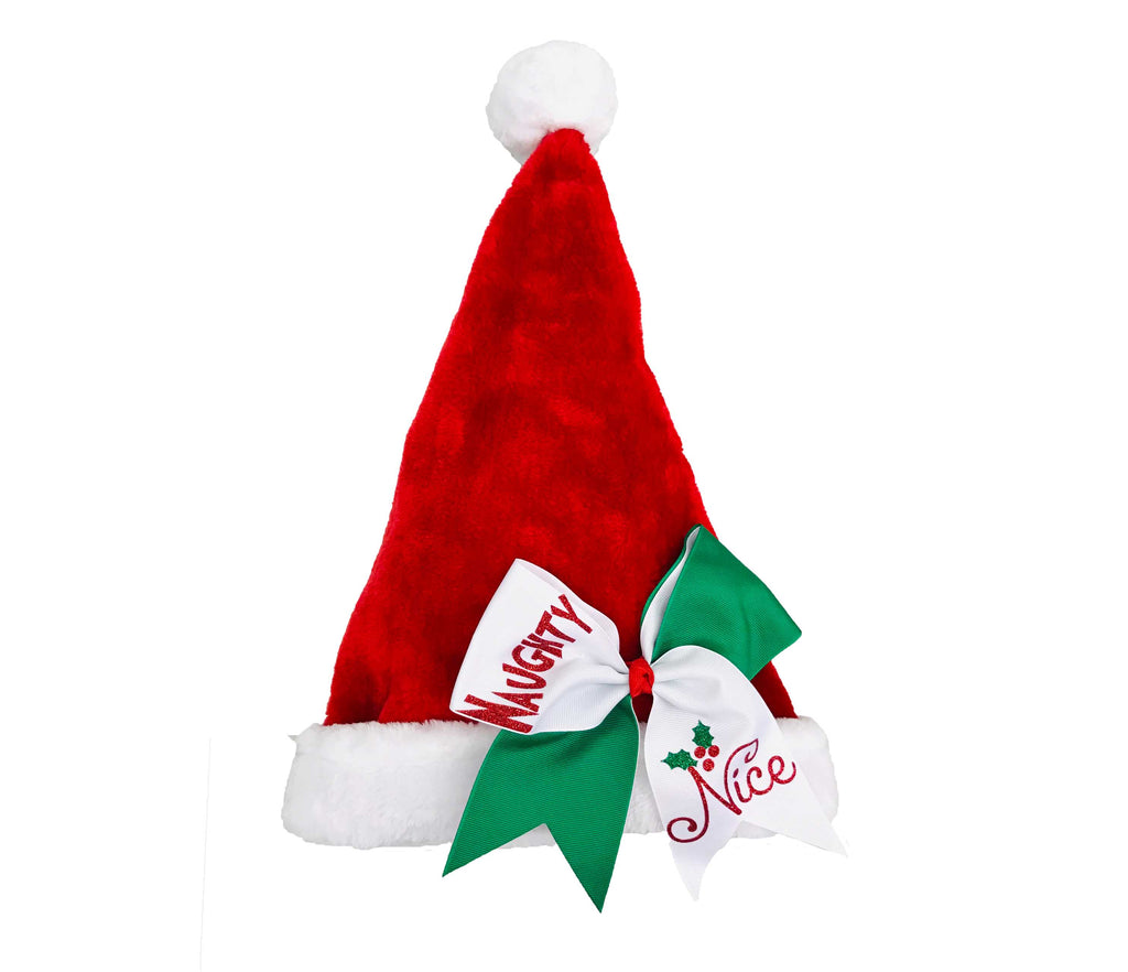 Red Santa hat with a green bow and 'Naughty' and 'Nice' text on a white background