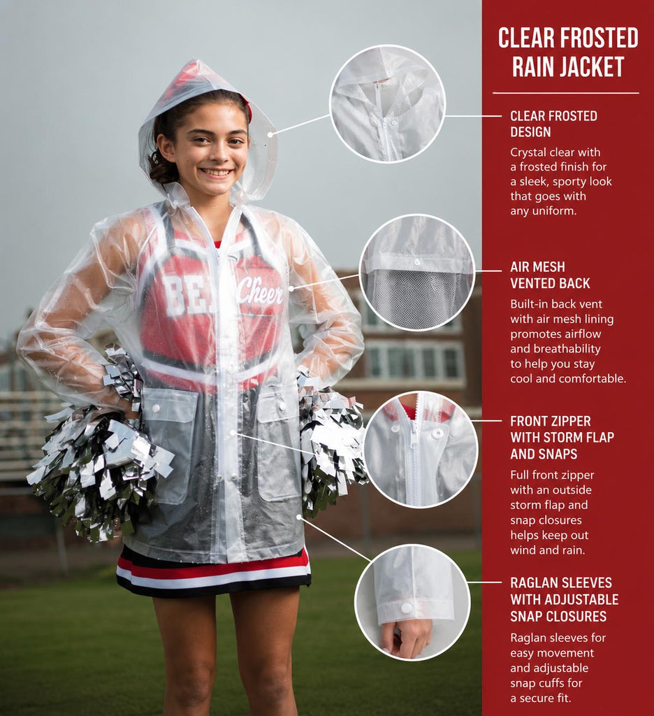 A cheerleader wearing a clear, lightweight rain jacket with pom-poms, shown with feature callout circles and text on a red sidebar. The product is described as a clear frosted rain jacket with an air mesh vented back, front zipper, and adjustable raglan sleeves.