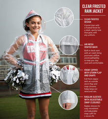 A cheerleader wearing a clear, lightweight rain jacket with pom-poms, shown with feature callout circles and text on a red sidebar. The product is described as a clear frosted rain jacket with an air mesh vented back, front zipper, and adjustable raglan sleeves.