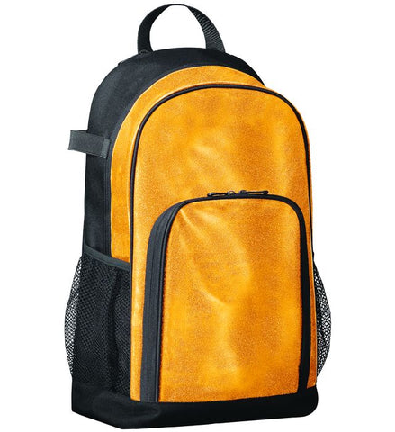 Yellow glitter backpack with black accents on a white background