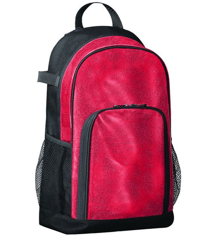 Red glitter and black backpack on a white background
